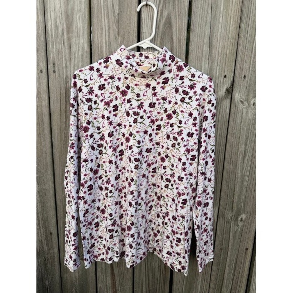 Cottagecore Floral Bobbie Brooks Mock Neck Top Large White Purple Ribbed Knit